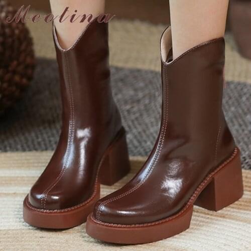 Meotina Women Shoes Genuine Leather Western Boots Platform Thick High Heel Ankle Boots Round Toe Zipper Shoes Autumn Winter 40