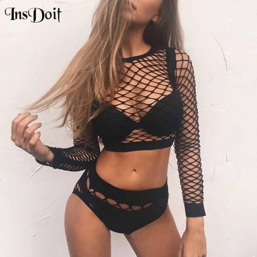 InsDoit Mesh Sexy Gothic Two Piece Women Harajuku Long Sleeve Crop Top High Waist Pants Casual Streetwear Summer Bodycon Sets