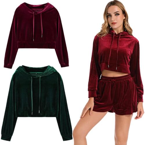 Women Velvet Velour Long Sleeve Sport Gym Crop Top Hoodies