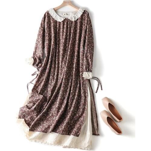 FairyNatural Women Retro Japanese Style Lace Dresses Long Sleeve Ladies Rustic Flowers Print Cotton Layers Dress Autumn Spring