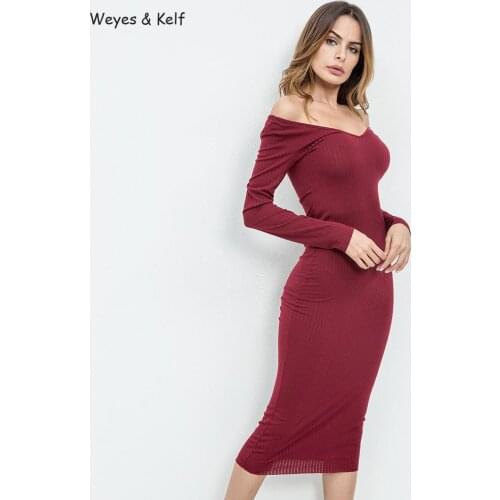 Weyes & Kelf Spring Solid V-neck Sexy Dress Women 2020 Autumn Knitted Mid-calf Off Shoulder Bodycon Backless Dress For Women