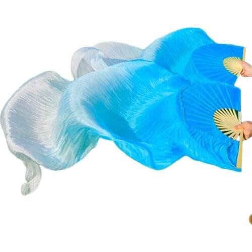 High selling 100% Real Silk Veils 1 Pair handmade dyed silk belly dance props fans dance Turquoise+Light turquoise+White 5 Sizes