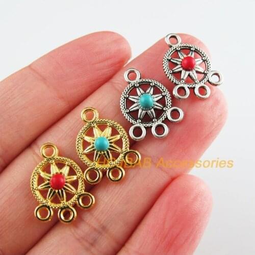 20 New Round Charms Tibetan Silver Tone Gold Color Red & Blue Stone Flower Connectors 13.5x18mm
