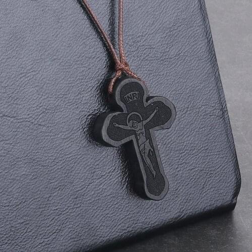 2020 New Wood Cross Necklace Adjustable Rope Chains Religious INRI Orthodox Crucifix Jesus Pendant Necklaces for Men Jewelry