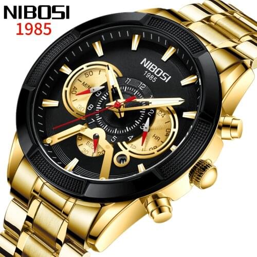 NIBOSI Luxury Brand Mens Watches Gold Quartz Wristwatch Sport Chronograph Male Clock Stainless Steel Band Fashion Business Watch