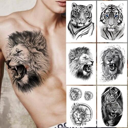 Black LionTemporary Tattoos For Men Women Kids Boys Tiger Compass Tattoo Sticker Realistic Fake Animal Transferable Tatoos Paper