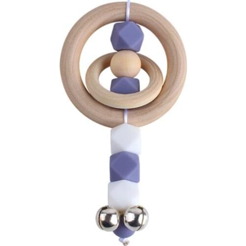 Baby Teether Rattle Toys Wooden Ring Silicone Beads Teething Soother with Bells Handmade Infants Nursing Molar Shower Gifts