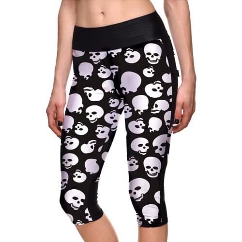 Hot Halloween Skull Black Sports Fitness Caprits Womens Capris Plus Size Running Gym Bodybuilding Leggings 3 Patterns