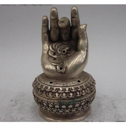 Chinese White Bronze Silver Gilt Buddha Hand Lotus Statue Incense Burner Censer