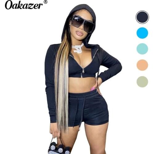 Oakazer Summer Tracksuit Women Cotton 2 Piece Set Print Hooded Zipper Full Sleeve Tops Biker Shorts Casual Sportwear Outfits
