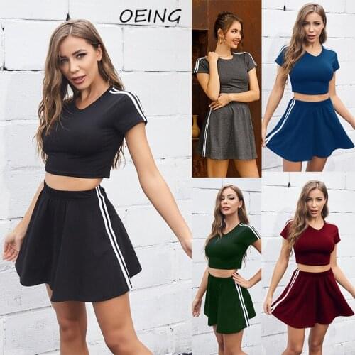 Summer Womens Two Piece Sets Outfits Stripe Short Sleeve Crop Tops and Skirt Exercise Tracksuits