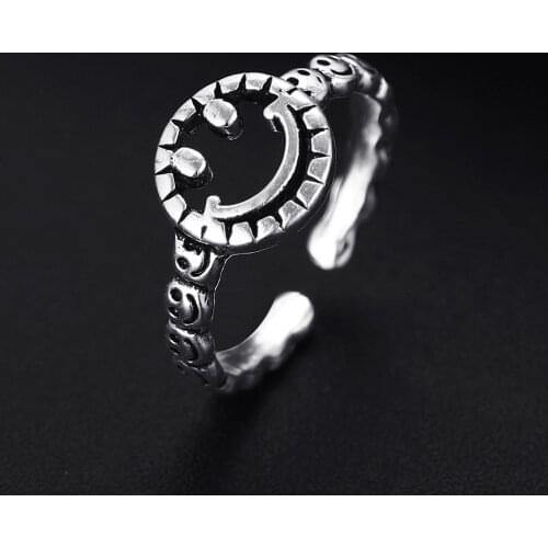 Trendy Vintage Smile Face Antique Silver Plated Punk Hiphop Rock Style Resizable Rings for Women Girl & Man Retro Party Jewelry