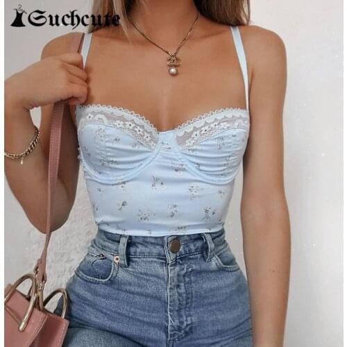 SUCHCUTE Fashion Lace Patchwork 90s Outfits Crop Tops y2k Aesthetic Floral Print Women Corset Top Sexy Spaghetti Strap Tops