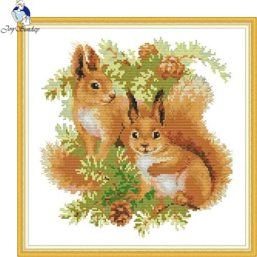 GG Cute Two Squirrels Stamped Cross Stitch Kits 11ct 14ct Embroidery Set Joy Sunday Counted Cross Stitch Pattern for Home Decor