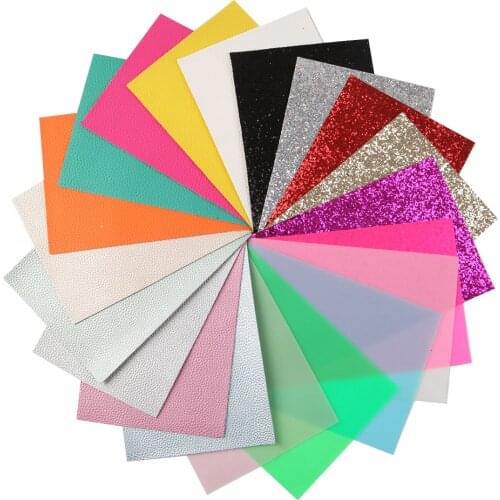 A5 Size Solid Color Faux Leather Sheets Set Chunky Glitter Jelly Lychee Pattern Synthetic Leather Fabric 20Pcs/Set for Bows