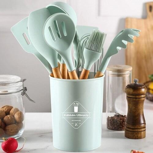 12PCS Silicone Cooking Utensils Set Non-stick Cookware The Wooden handle Egg Beaters Shovel Spoon Soup Cooking Kitchen Tool Sets
