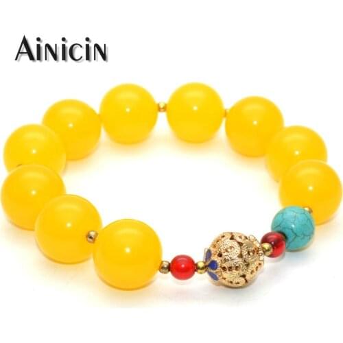 New Arrival 14mm Yellow Resin Howlite Elastic Bracelets 8'' Fashion Mens Jewelry Business Gifts 10pcs/lot