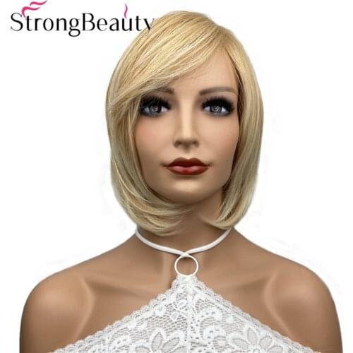 StrongBeauty Short Straight Bob Side Swept Bangs Wig Heat Resistance Synthetic Wigs