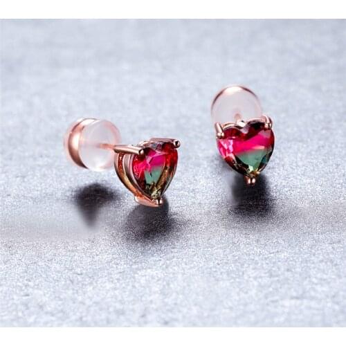 Red Green Crystal Stone Stud Earrings Rainbow Love Heart Earrings For Women Fashion Jewelry Vintage Rose Gold Wedding Earrings