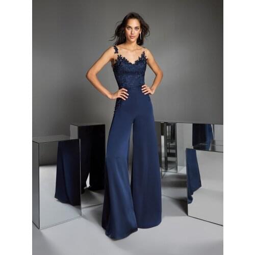 Shwaepepty Elegant Formal Dresses Evening Jumpsuit Navy Chiffon Prom Gowns Lace V Neck Long Women Cocktail Party Dress