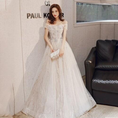 Evening Dress Boat Neck Fashion Sequins A-Line Off The Shoulder Appliques Pleat Floor-Length New Woman Formal Party Gowns A864