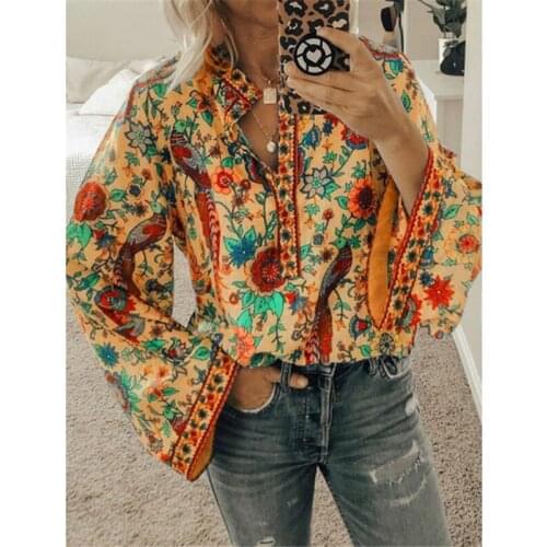 Women Long Sleeve Loose Floral Print Shirts Autumn Clothes Casual Button Blouse Office Lady Summer Chiffon Shirts And Tops