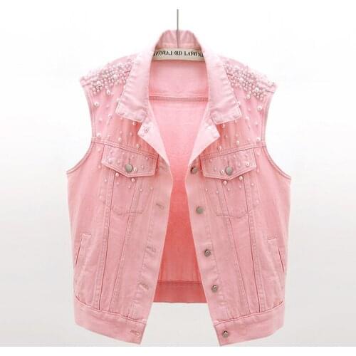Women Denim Vest Jacket 2021New Spring Autumn Jacket Hole Nail Bead Retro Denim Sleeveless Waistcoats Female Plus Size Coats
