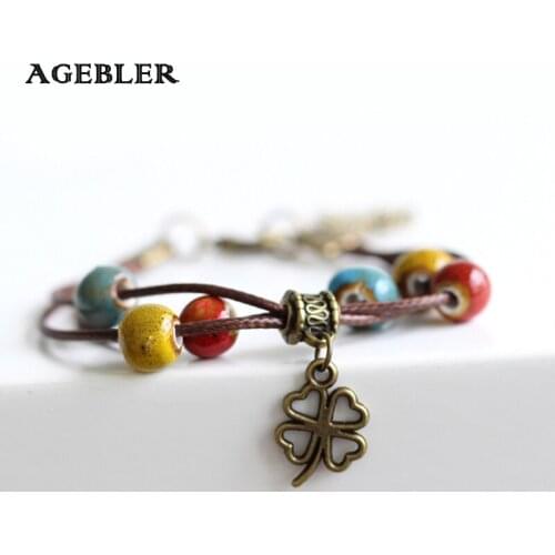 Handmade Ceramic Bracelet Leaf Pendant Colorful Beaded Multilayer Strand Elegant Jewelry for Women National Style