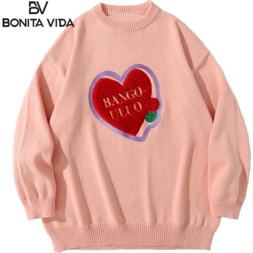 Bonita Vida Streetwear Sweaters Harajuku Embroidery Heart Knitted Pullover Sweater Hip Hop Fashion Casual Loose Jumpers Tops