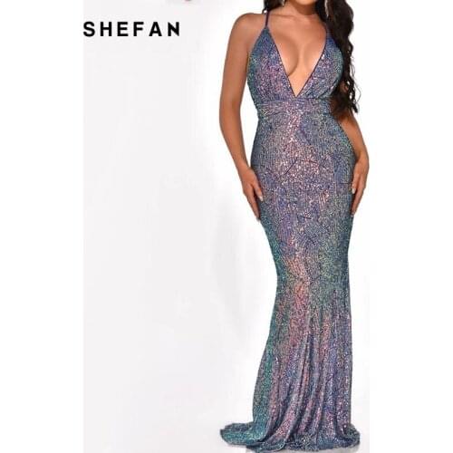 Shefan Woman Elegant Floor-Length Dress Backless Deep V Neck Sleevesless Sequin Shining Dress Party Celebrity Clubwear 2020