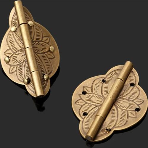 2Pcs Brass Hinges Wooden Jewelry Box Cabinet Cupboard Door Embossed Decorative Hinge Retro Vintage Chinese Furniture Hardware