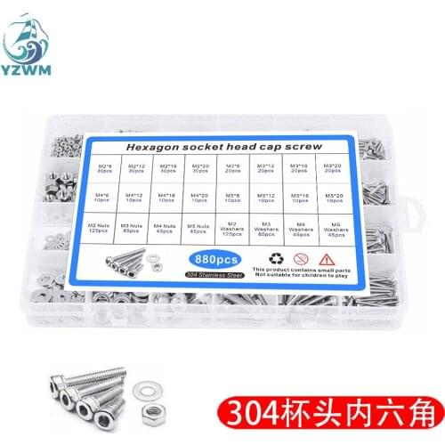 880pcs cup head hexagon box screw nut 304 stainless steel cylinder head screw set