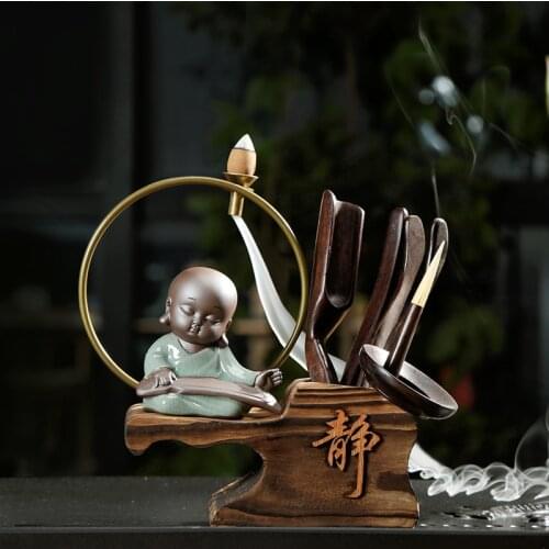 Tea Ceremony Six Gentlemen Teaware Accessories Purple Clay Wooden Base Backflow Incense Burner Home Decoration Ornament Crafts