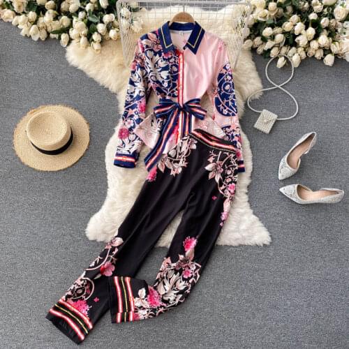 Amolapha Women New 2021 Autumn Loose Vintage Clothing Set Long Sleeve Printed Blouse And Wide Leg Pants Two Pieces Pants Suits