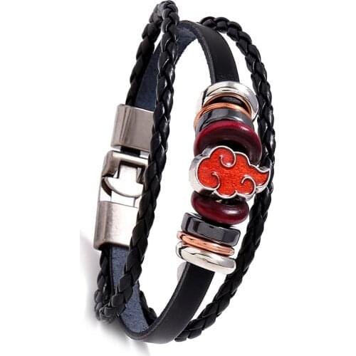 Anime Charm Leather Bracelet Men Comics Cartoon Akatsuki-Red-Cloud Logo Bracelets For Women Fashion Braided a Jewelry