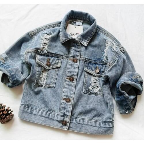 New 2019 Autumn Girl Clothes Hole Denim Jacket Child Outerwear Coat Jackets Loose Kids Jeans Tops RT603