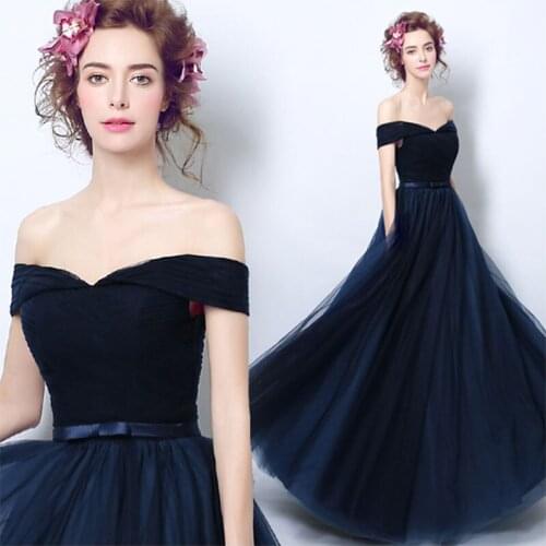 Lamiabridal Navy Blue Off The Shoulder A-line Bridesmaid Dresses Pleats Tulle Long Wedding Party Dresses Elegant For Women