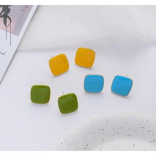 Minimalist Yellow Blue Green Enamel Square Stud Earrings for Women Mujer Gold Color Metal Geometric Small Earrings Party Jewelry