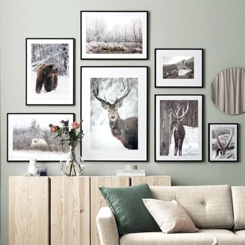Wall Art Canvas Painting Snow Highland Forest Elk Moose Brown Bear Nordic Posters And Prints Wall Pictures For Living Room Decor