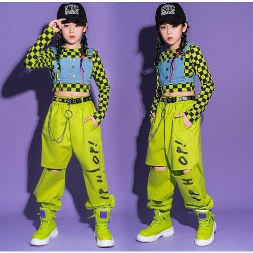 Girls Hip Hop Clothing Green Plaid Sweatshirt Denim Vest Overalls Hole Causal Pants Kids Jazz Dance Costume Street Dance Outfit
