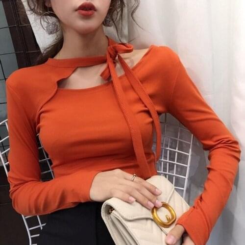 Autumn Winter Women Loose Casual Shirt Fashion Lace Up T-shirt Female Turtleneck Solid Pierced Long Sleeve Soft T-Shirt DD8213