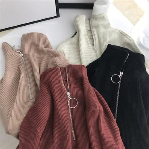 Turtleneck autumn ring zipper female slim knit sweater winter long sleeve Korean fashion ins Solid color large code Sweater S-XL