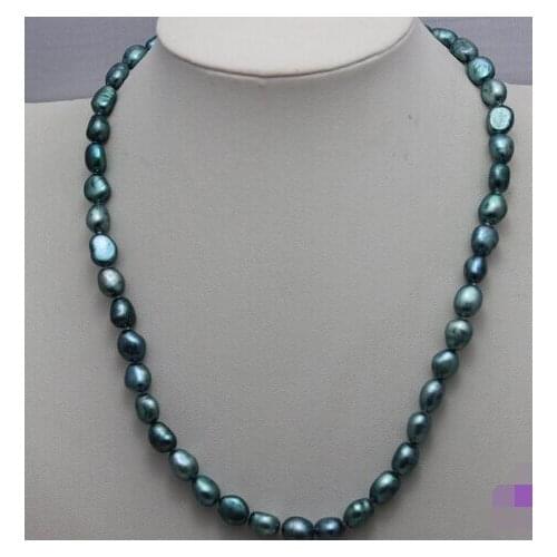Freshwater pearl necklace Blue-green 8x10mm 17INCH
