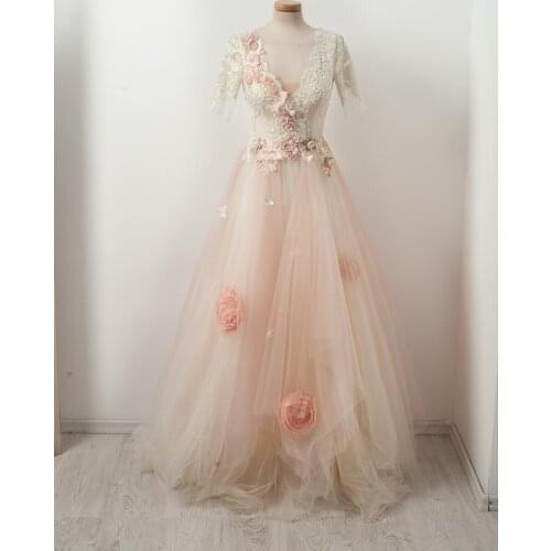 Pink Appliques Flowers Prom Dresses 2021 Short Sleeves V Neckline Formal Evening Party Dress vestidos de gala