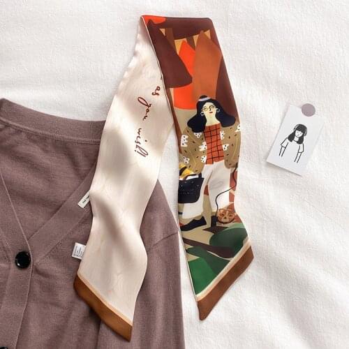 New Aesthetic fashion Comics printing long silk scarf female multi-function decorative scarf headband tie wrist strap bag belt