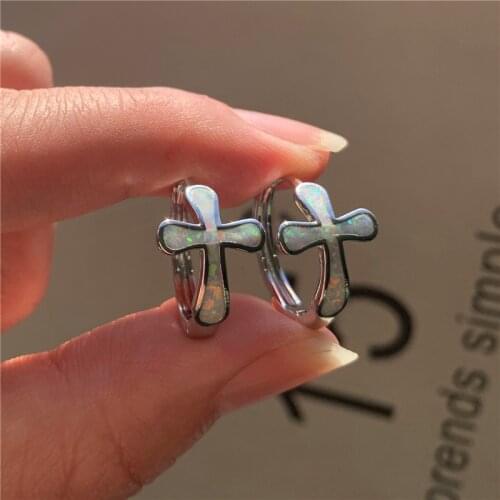 Vintage Female Small Cross Earrings Charm Silver Color Wedding Hoop Earrings Dainty White Blue Opal Stone Earrings For Women