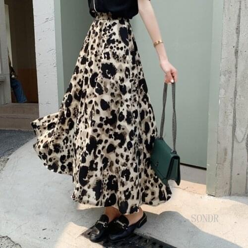 Leopard Long Skirt Women 2021 Midi Long Umbrella Skirt Female Vintage Elastic High Waist Skirt Faldas Largas