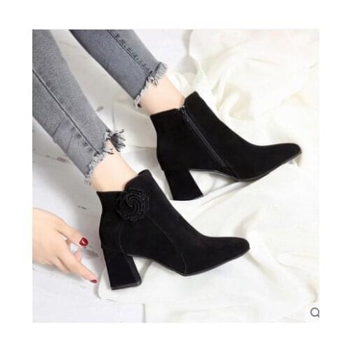 2020Fashion Women Boots Casual Leather Low High Heels Spring Shoes Woman Pointed Toe Rubber Ankle Boots Black Red Zapatos Mujer