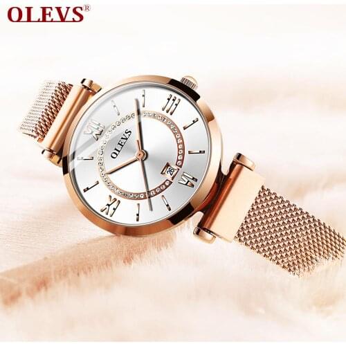 OLEVS Ladies Rose Gold Stainless Steel Watch TOP Brand Luxury Quartz Watch Starry Magnet Buckle Female Clock Jewelry For Women