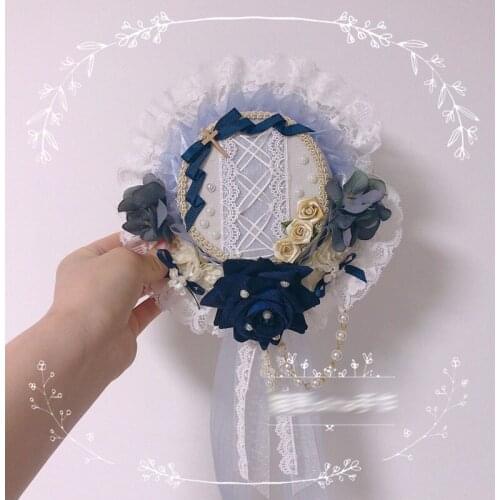 Lolita Handmade medicine chest Versailles sax elegant lace Cyan Rose headdress Flat Hat lolita Cosplay Accessories